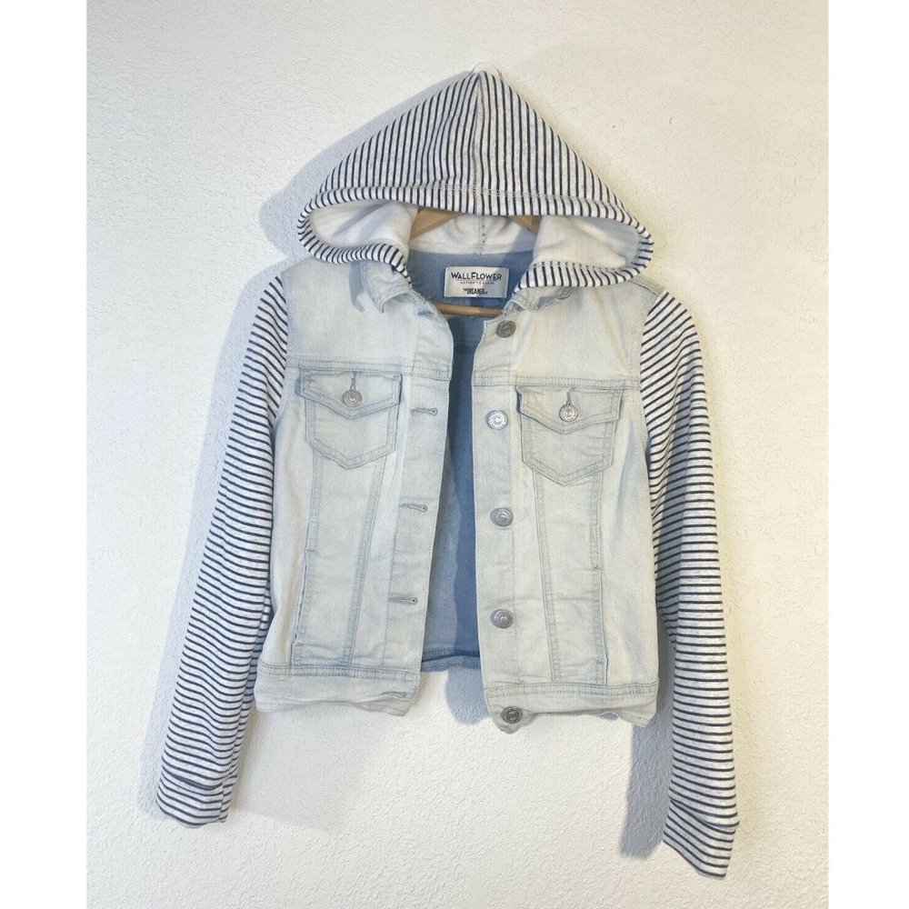 Wallflower Jean Jacket Distressed Striped Sweatshirt Arms Blue Size XS Hooded